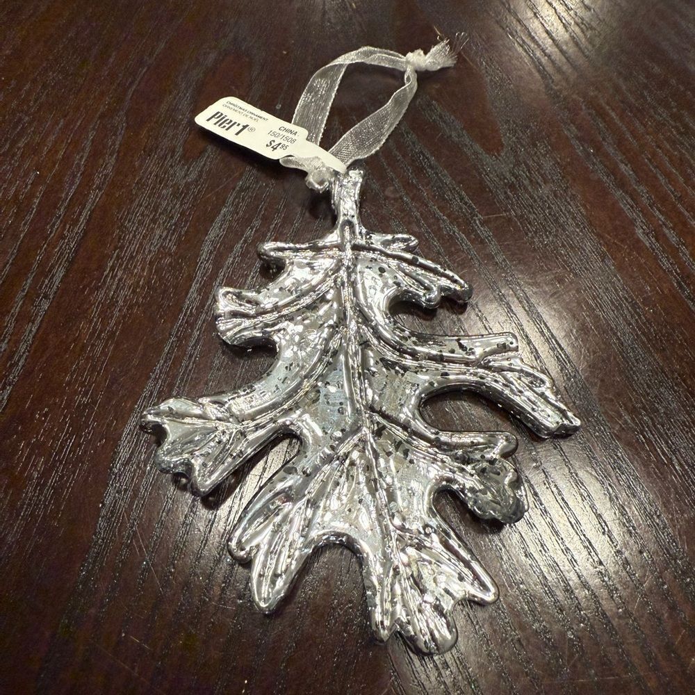 Pier 1 Vintage Silver Oak Leaf Glass Ornament